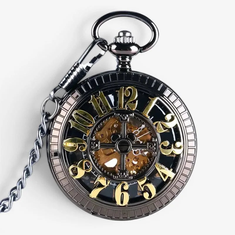 Steampunk skeleton pocket watch in black and gold with visible gears ornate numerals and an attached chain