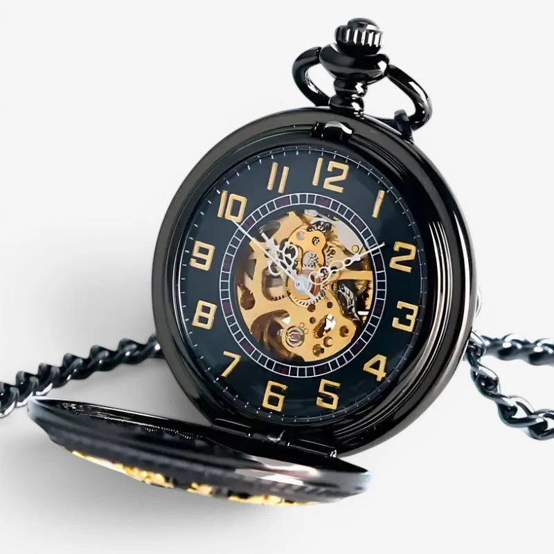 Steampunk skeleton pocket watch with black casing gold-toned numerals exposed gears and matching chain