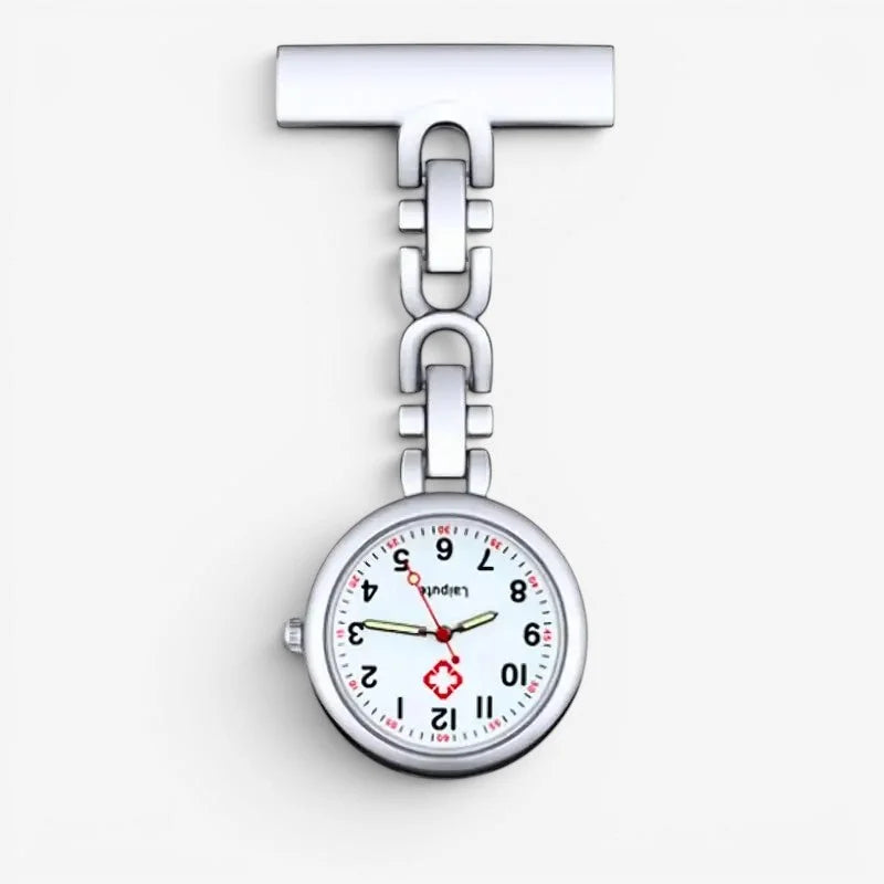 Silver-toned steel nurse watch with white face red hour markers and a red medical cross at 6 o’clock position