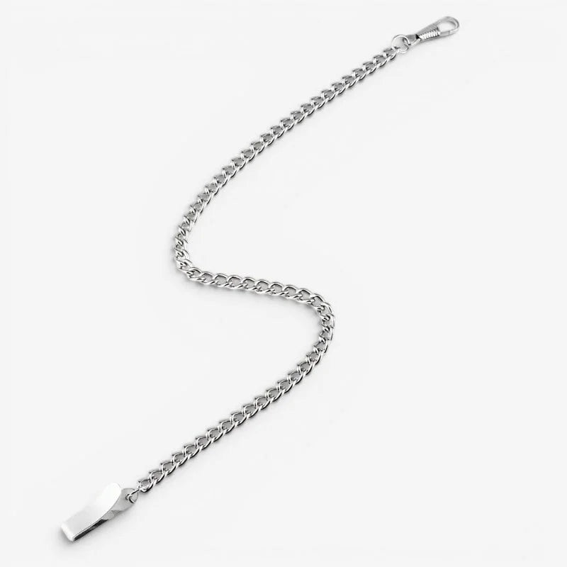 Silver-toned steel pocket watch chain with classic curb link design and secure clasp at one end