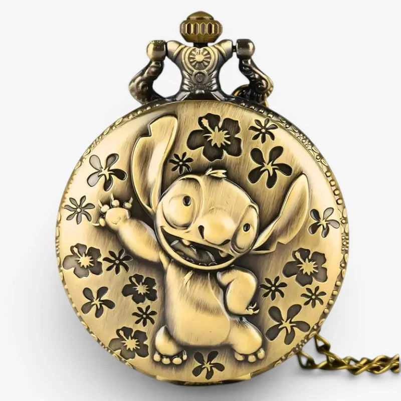 Antique brass-colored pocket watch featuring a detailed relief of Stitch surrounded by floral patterns