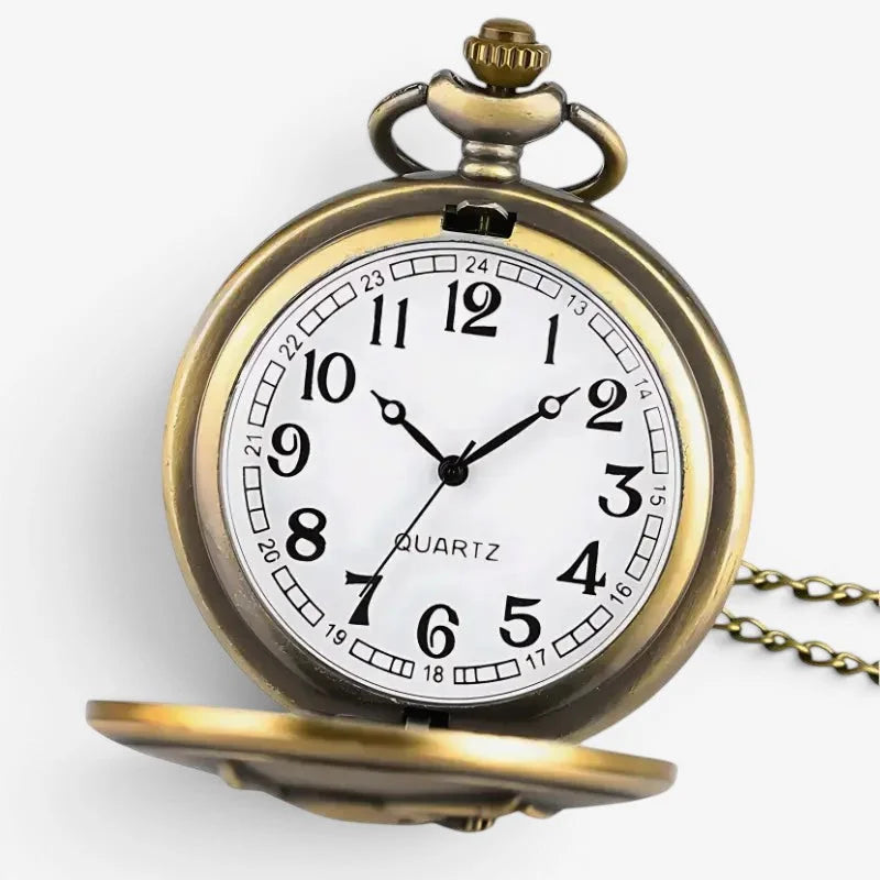 Stitch pocket watch antique brass finish with white dial black arabic numerals and quartz movement