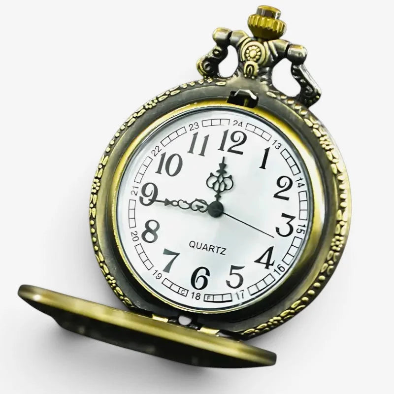Antique-style swiss brass pocket watch with white face black numerals and ornate bezel detailing