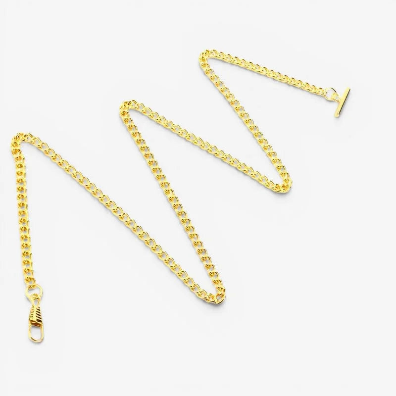 Gold-toned t bar pocket watch chain with classic curb link design and matching t bar clasp