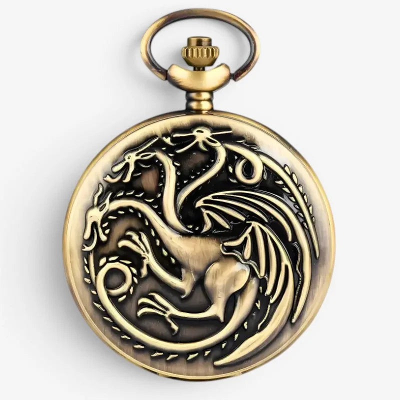 Antique brass-colored Targaryen pocket watch with intricately engraved three-headed dragon emblem on the back side