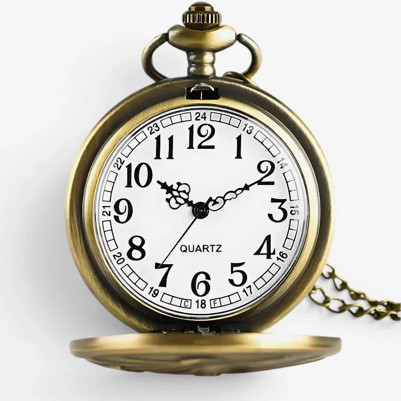 Antique brass-finished targaryen pocket watch with white face black arabic numerals hands and attached chain