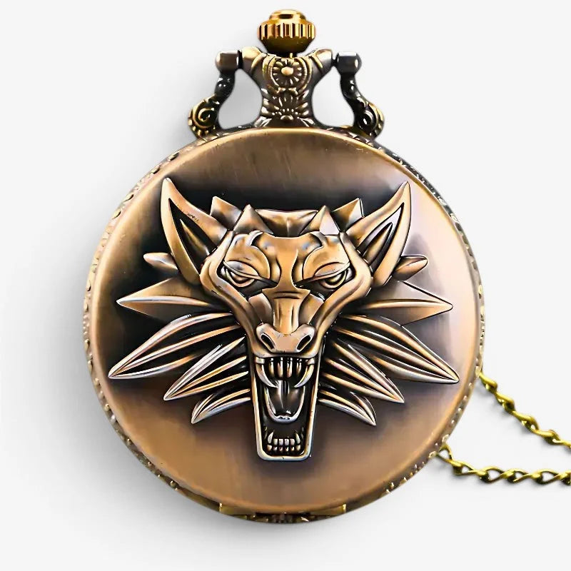 Antique bronze witcher pocket watch with embossed wolf head emblem and sunburst design on its face