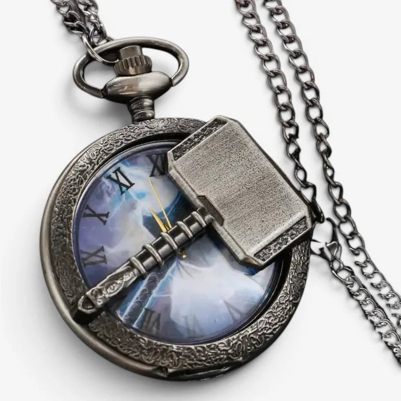 Antique silver-toned thor pocket watch necklace with detailed thor hammer design over the face
