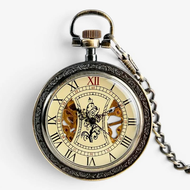 Tommy Shelby pocket watch antique style silver with roman numerals ornate floral engraving and visible brass gears