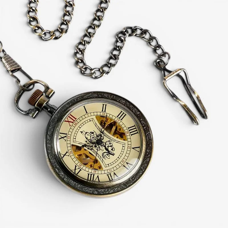 Tommy Shelby pocket watch antique-style silver with visible mechanical movement and roman numerals on off-white face