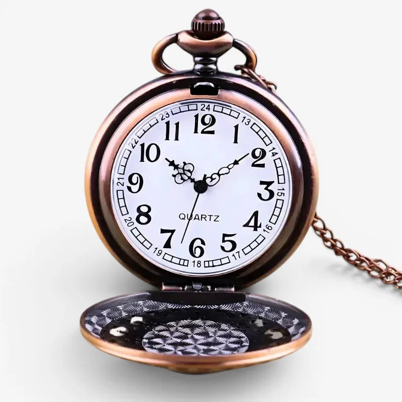Trendy womens necklace watch featuring an antique bronze-finished pocket watch with white dial and ornate chain