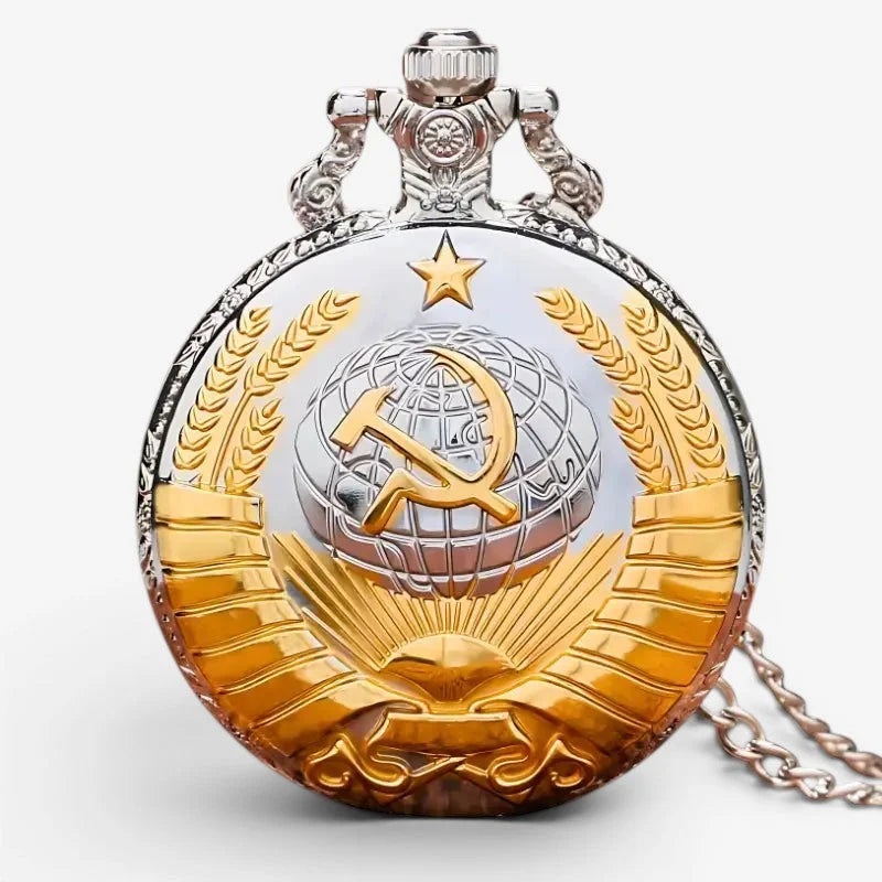 Ussr pocket watch silver and gold two tone with soviet emblem hammer sickle globe wheat stalks and star