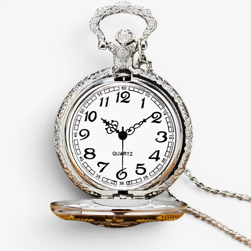 Ussr pocket watch silver ornate design with white face black numerals and hands attached chain visible