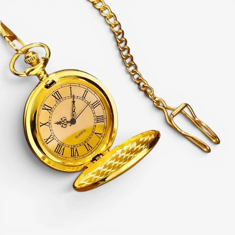 Vintage gold pocket watch with roman numeral dial and matching gold chain for classic timekeeping style