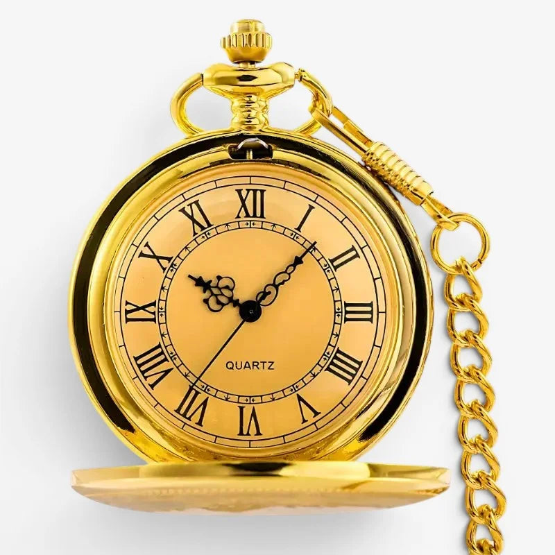 Vintage gold pocket watch with roman numerals quartz movement ornate crown and attached chain in gold finish