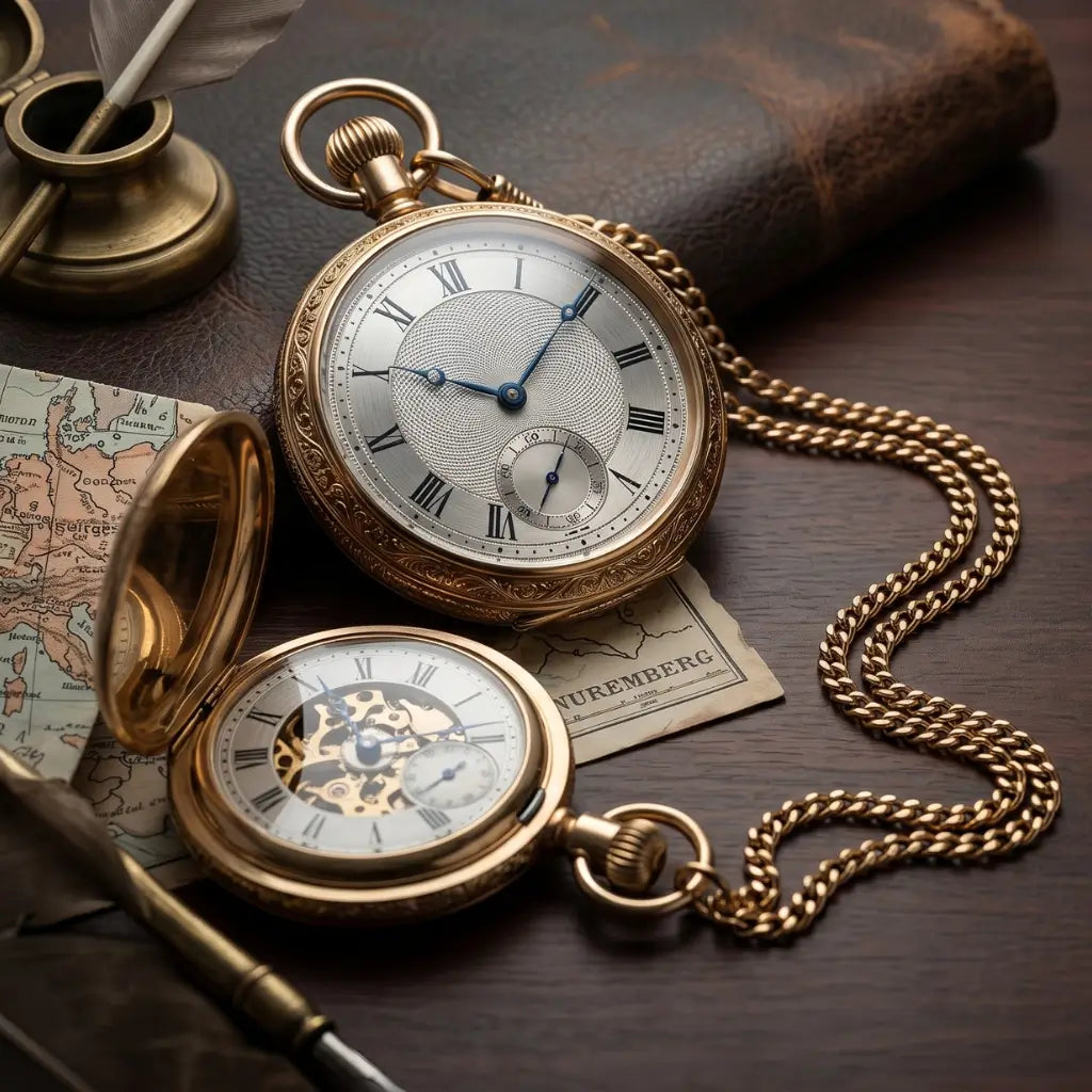 Two vintage gold pocket watches with chains resting on a dark wooden desk beside an antique map, ink quill, and leather book. Image
