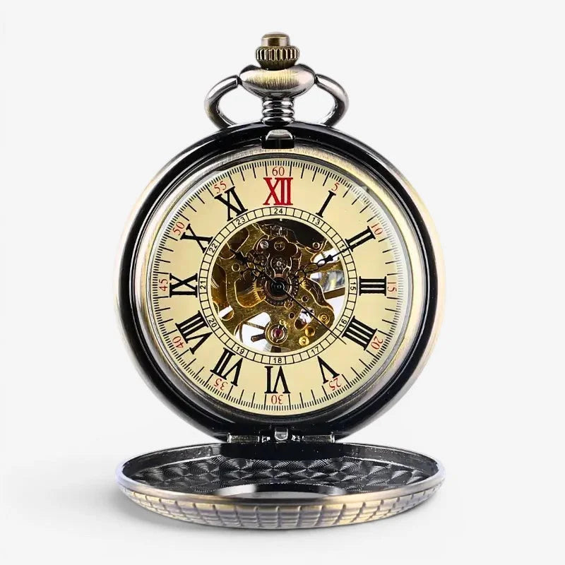 Vintage mechanical wood pocket watch with antique black skeleton face, red and gold roman numerals, and visible brass gears