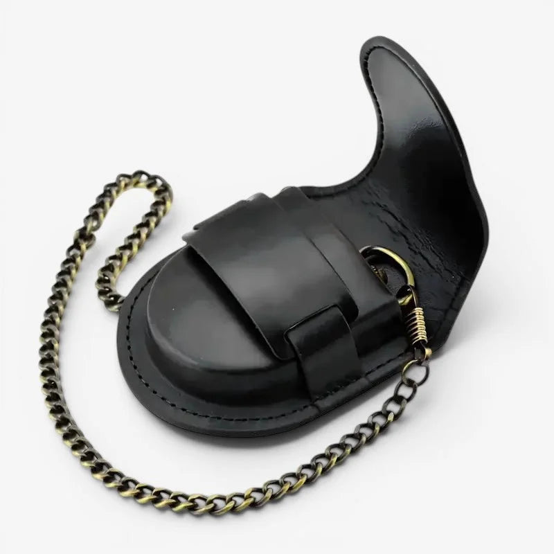 Black leather vintage pocket watch case with brass chain and clasp for stylish timepiece protection