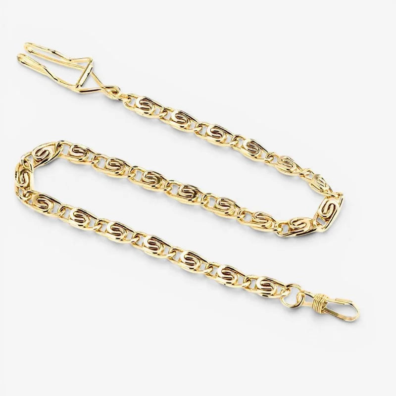 Vintage pocket watch chain in gold tone with a distinctive twisted-link design and polished finish