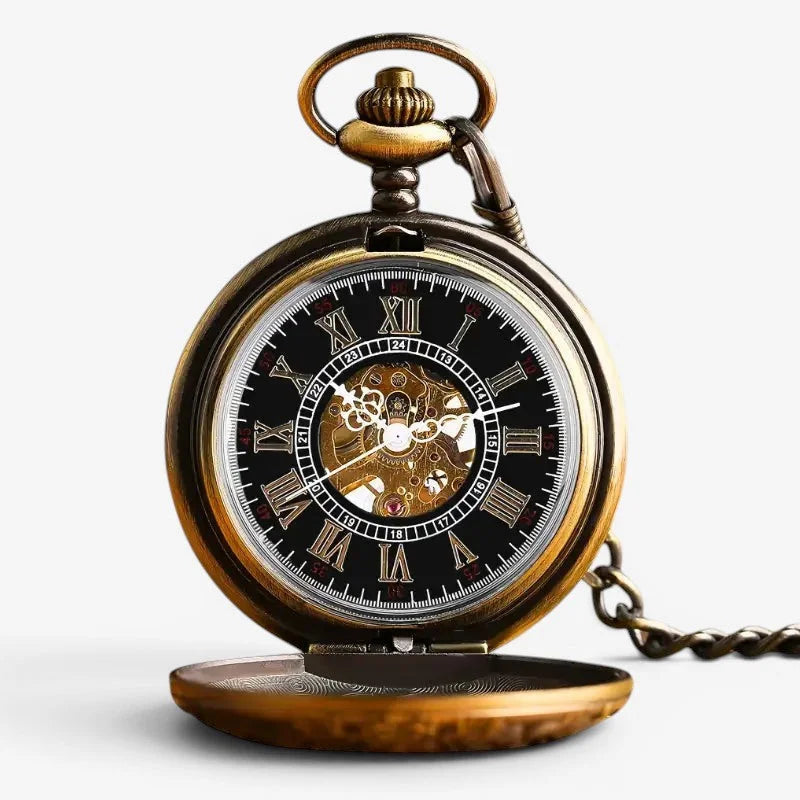 Vintage pocket watch steampunk with an antique brass case, black face, roman numerals, and visible internal gears