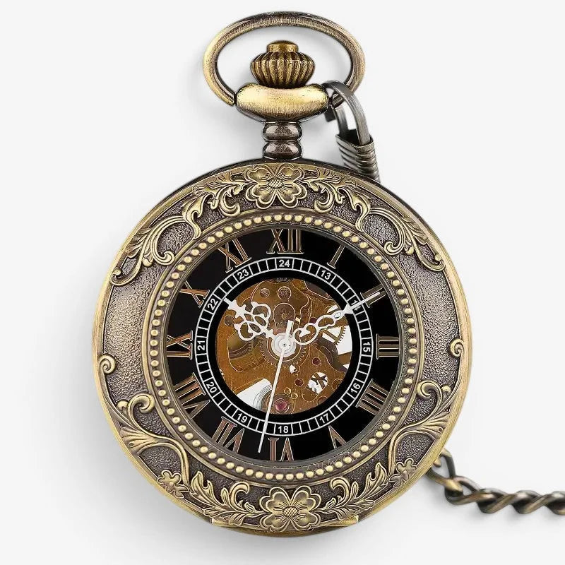 Vintage pocket watch steampunk with antique brass, ornate floral engraving, roman numerals, and visible mechanical gears