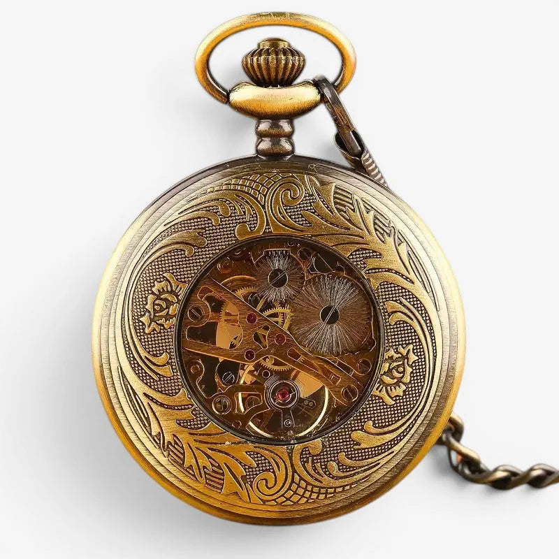Vintage pocket watch steampunk in antique gold tone with intricate floral engravings and exposed mechanical gears