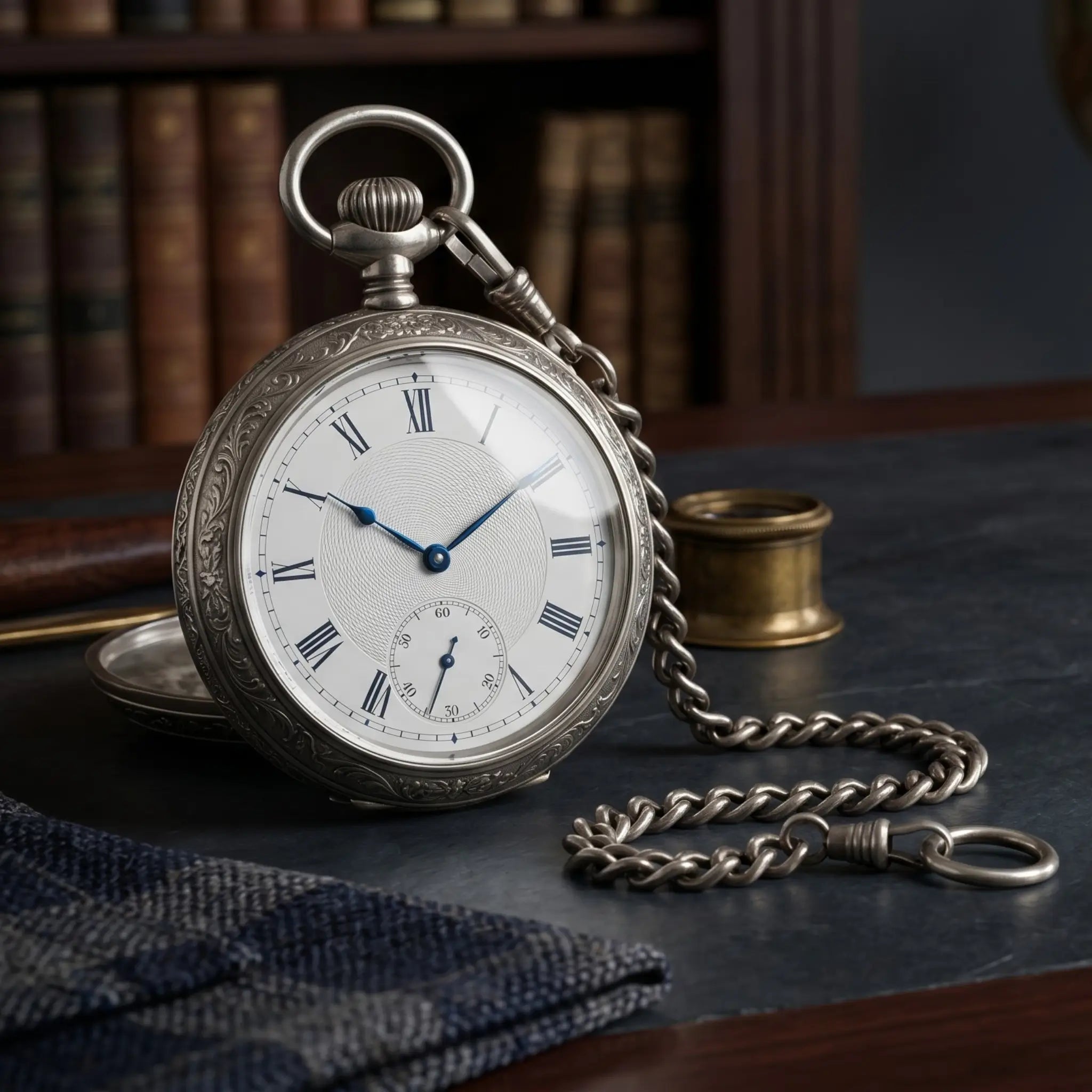 Vintage silver pocket watch with a matching chain, featuring a white dial and Roman numerals resting on a dark desk. Image