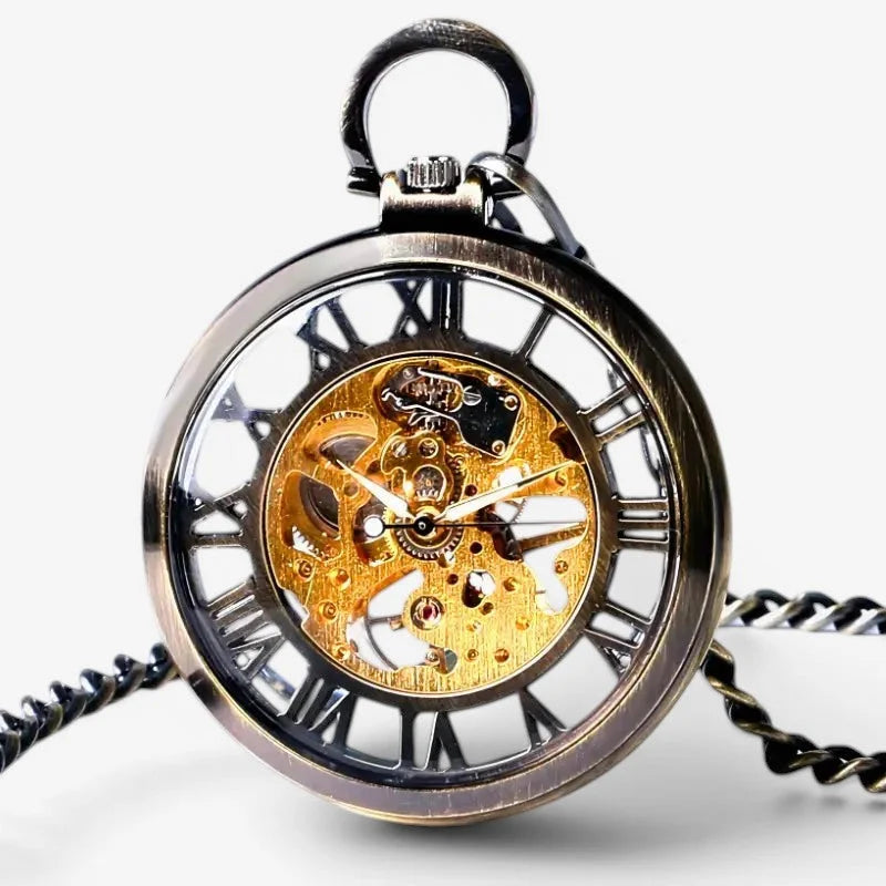 Vintage skeleton pocket watch antique-style brass with visible internal gears roman numerals on dark metal chain