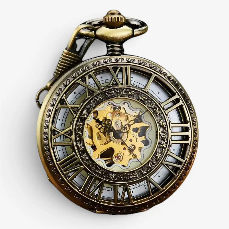 Antique brass visible mechanism pocket watch with intricate roman numeral dial and exposed golden gears