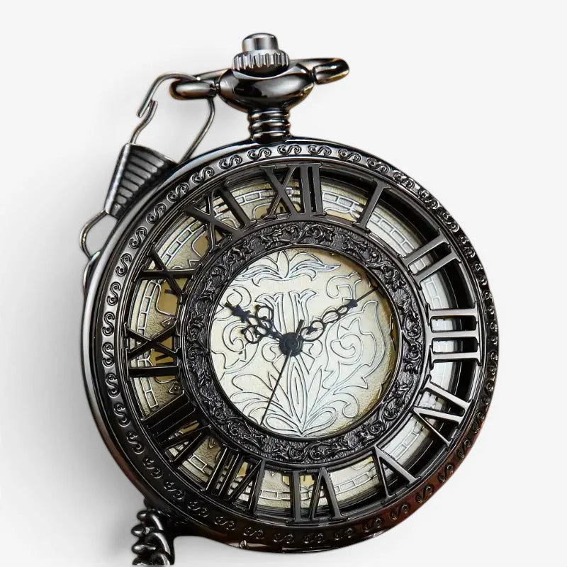 Antique-style black metal visible mechanism pocket watch with ornate roman numeral dial and decorative floral engraving