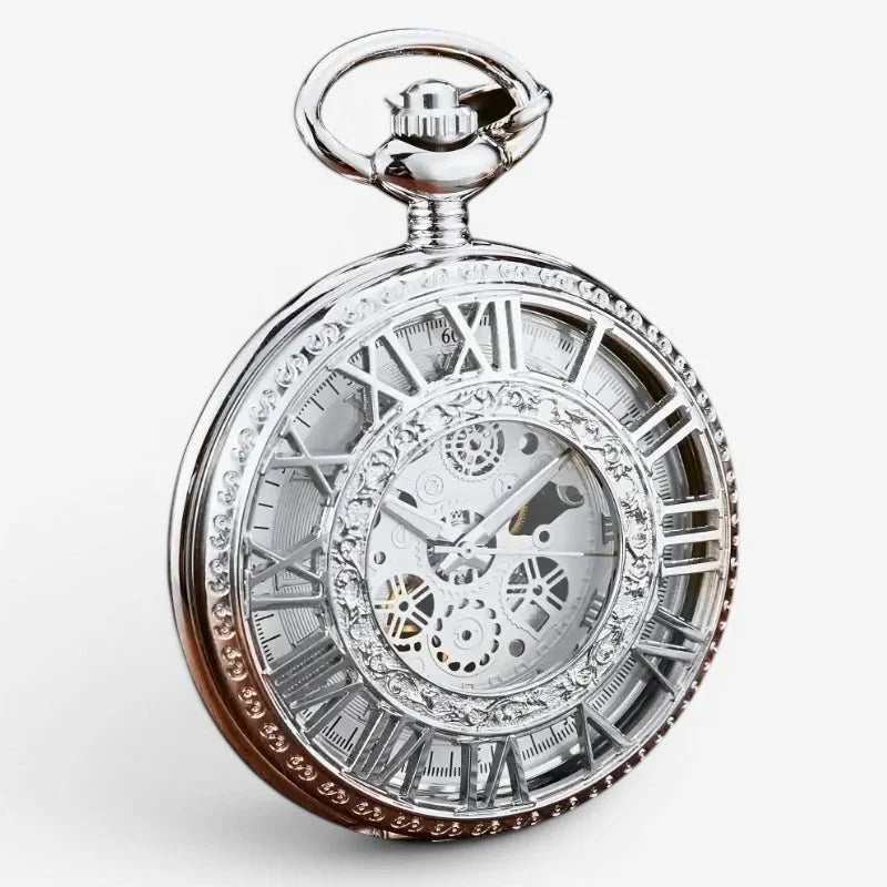 Visible Mechanism pocket watch silver-toned with skeletonized face showing intricate gears and roman numerals