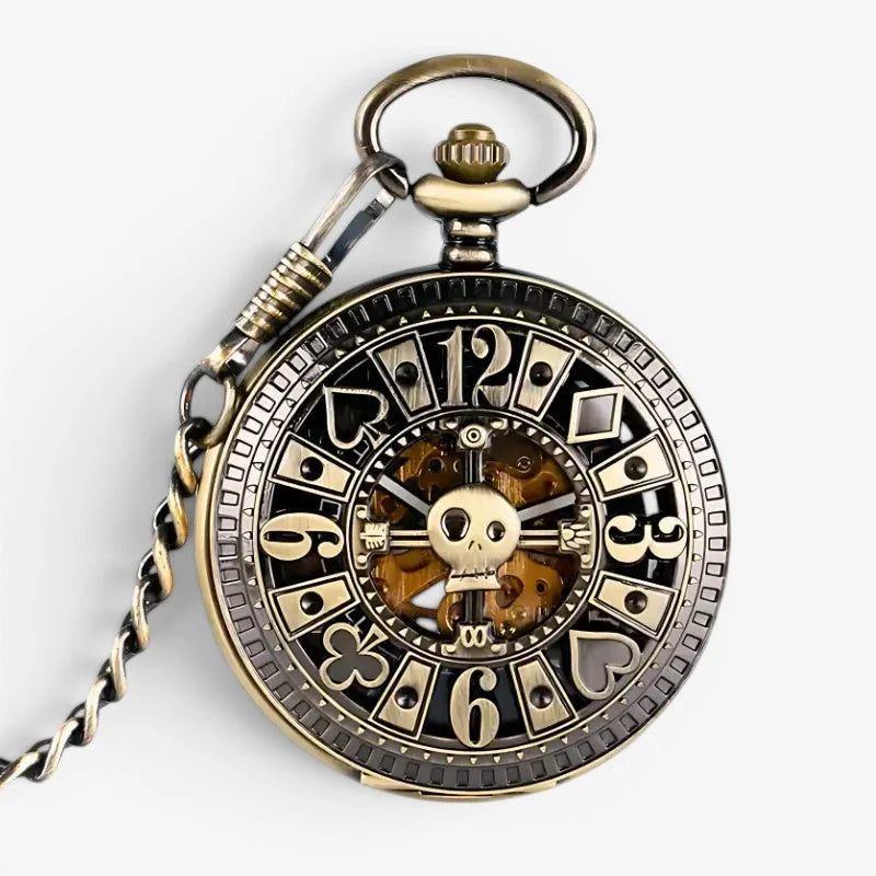 Antique brass-finished western pocket watch with skeleton design featuring skull and crossbones motifs on the face