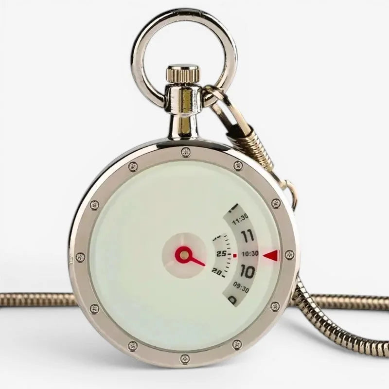Silver-toned white modern design pocket watch with glowing white face red hands and polished metal case with screws