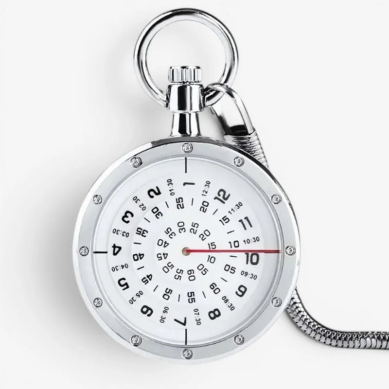 White modern pocket watch with silver tone, white face black numerals red second hand crystal stone bezel and coiled chain