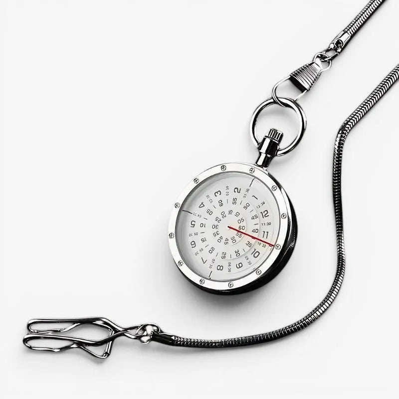 White modern pocket watch with a silver-toned metal case white face black numerals and a red second hand with chain