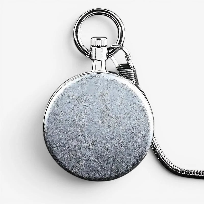 White modern pocket watch showing silver-toned matte textured back with attached keychain ring