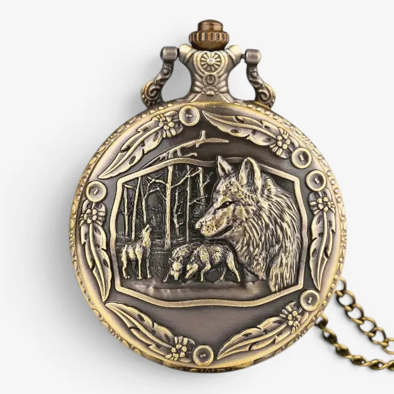 Antique brass-colored wolf pocket watch with engraved wolf family scene and ornate floral and leaf motifs on face
