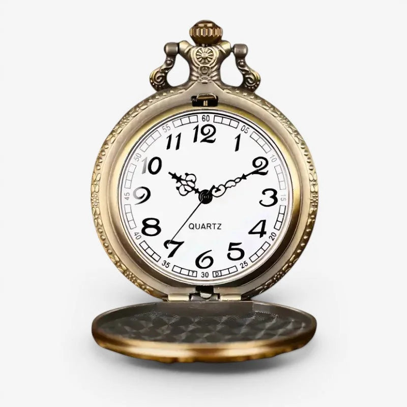 Antique brass-finished Wolf pocket watch with white dial black Arabic numerals hands and ornate hinged case