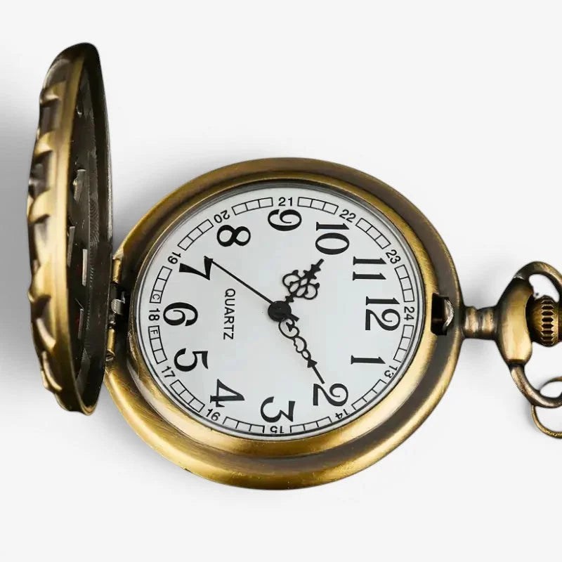 Womens antique pocket watch with brass finish white dial black arabic numerals hands and ornate hinged case