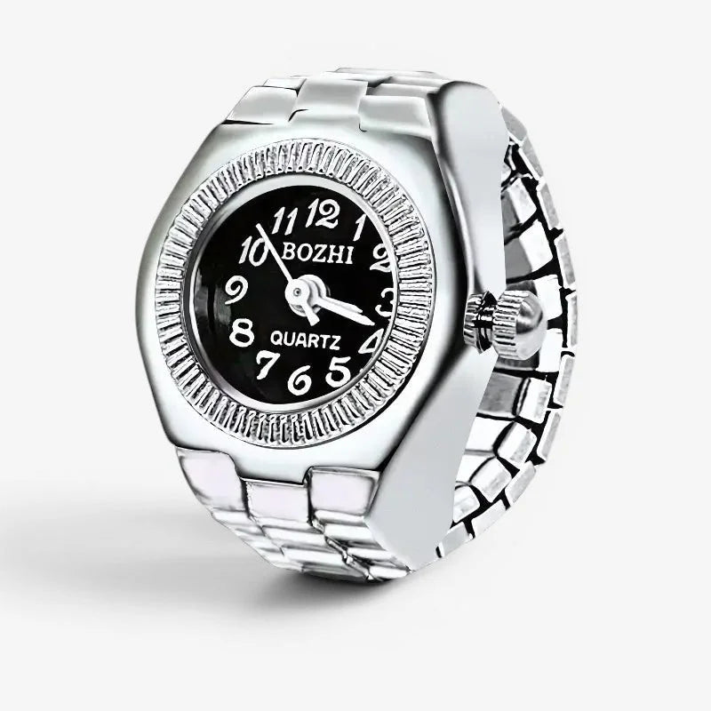 Womens black ring watch with silver-toned bozhi quartz movement black dial white numerals and textured bezel