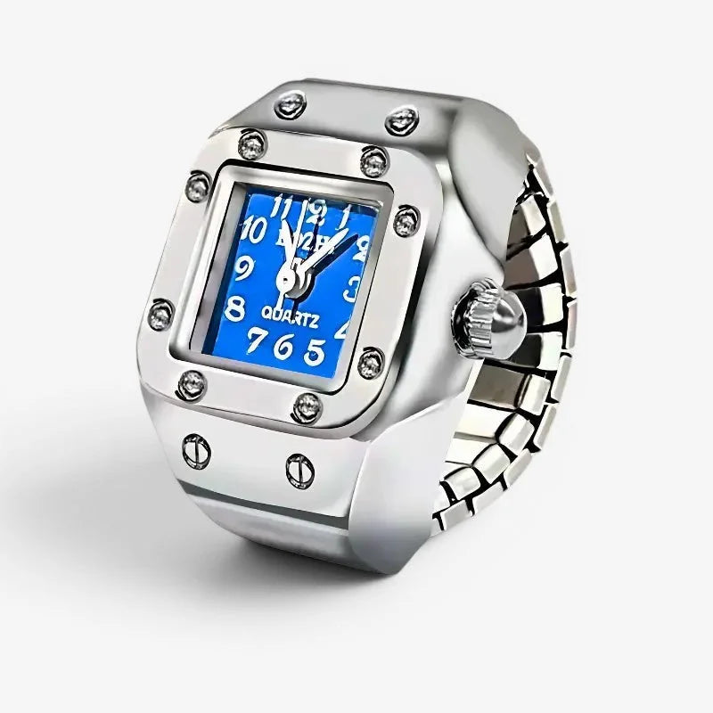 Womens blue ring watch with silver-toned square quartz case, vibrant blue dial, and crystal bezel accents