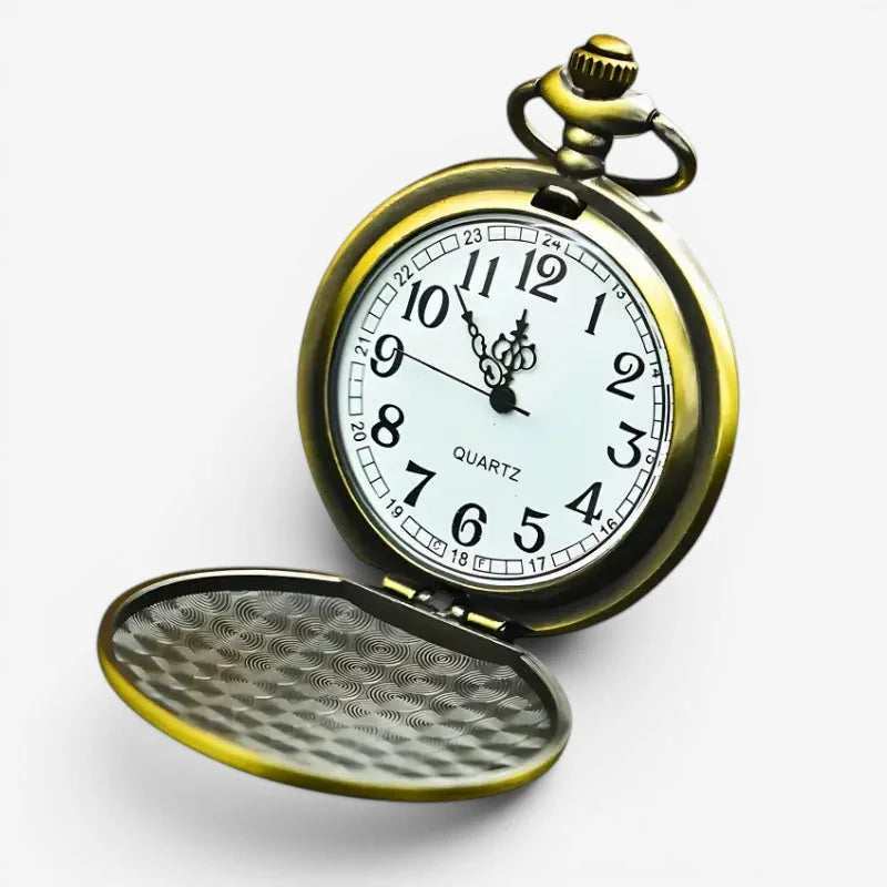 Womens butterfly pocket watch with antique brass finish white dial black arabic numerals and ornate hands