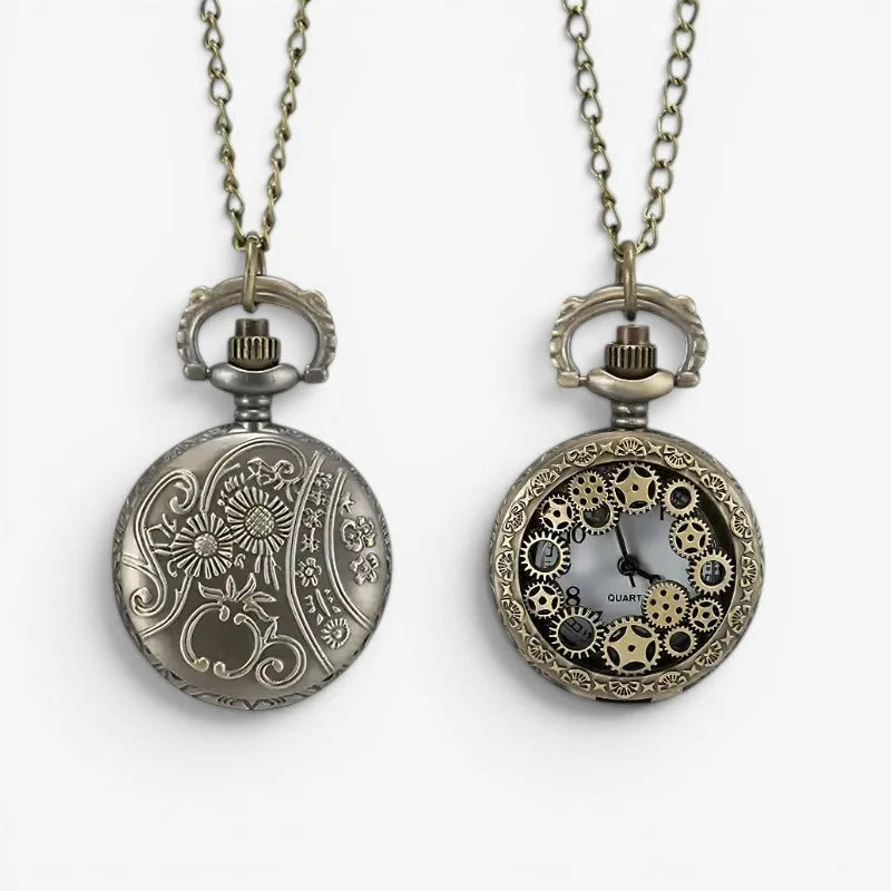 Womens necklace pocket watch featuring antique-style silver with floral engraving and exposed brass gears on the back