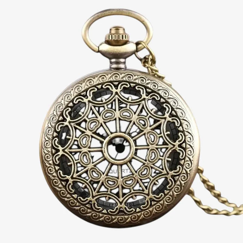 Womens pendant watch antique brass pocket watch with intricate filigree design and visible quartz movement