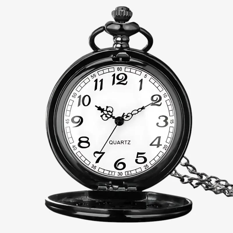 Black womens pendant watch with white face black numerals hands and silver-toned chain pocket watch design