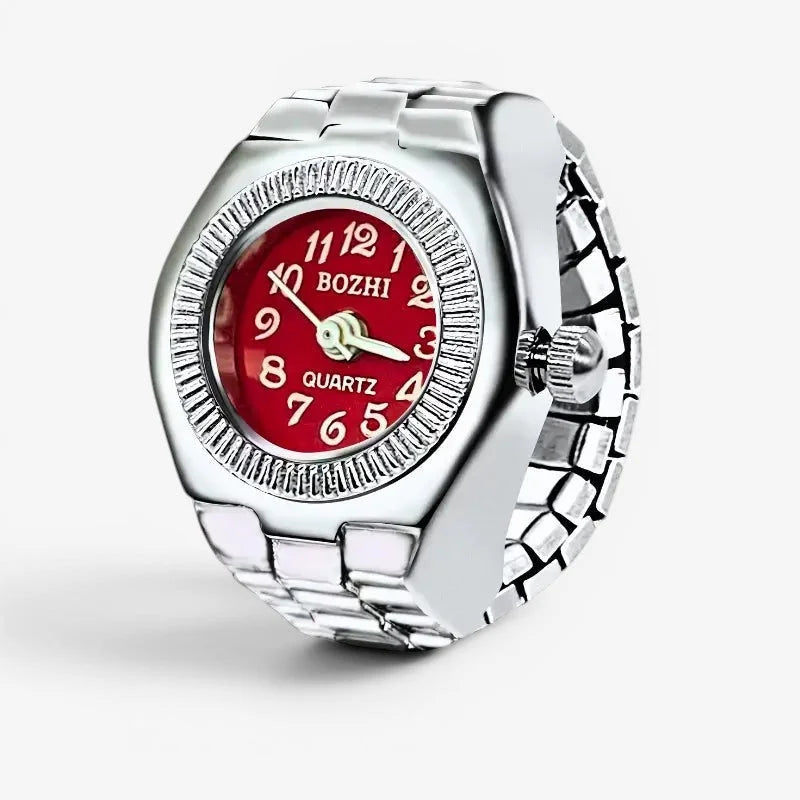 Womens red ring watch featuring a silver-toned metal band and vibrant red quartz face with white numerals by bozhi