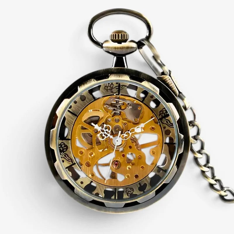 Womens antique brass skeleton pocket watch with intricate gearwork and matching chain for elegant timekeeping