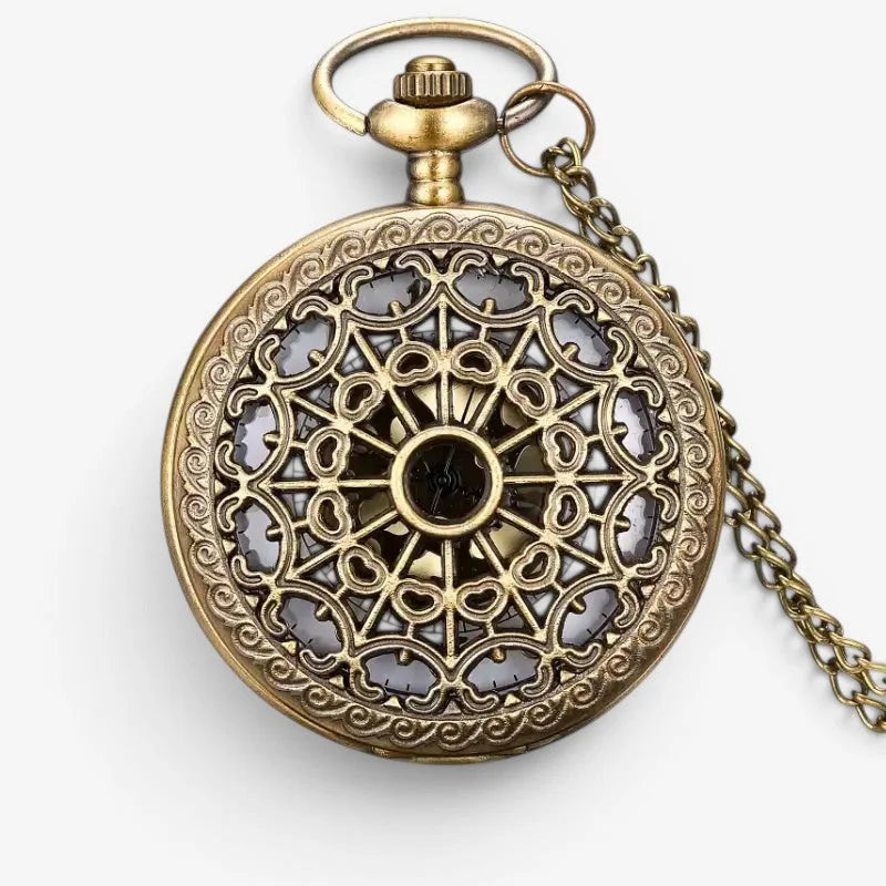 Womens steampunk pocket watch in antique brass with intricate filigree design and matching chain