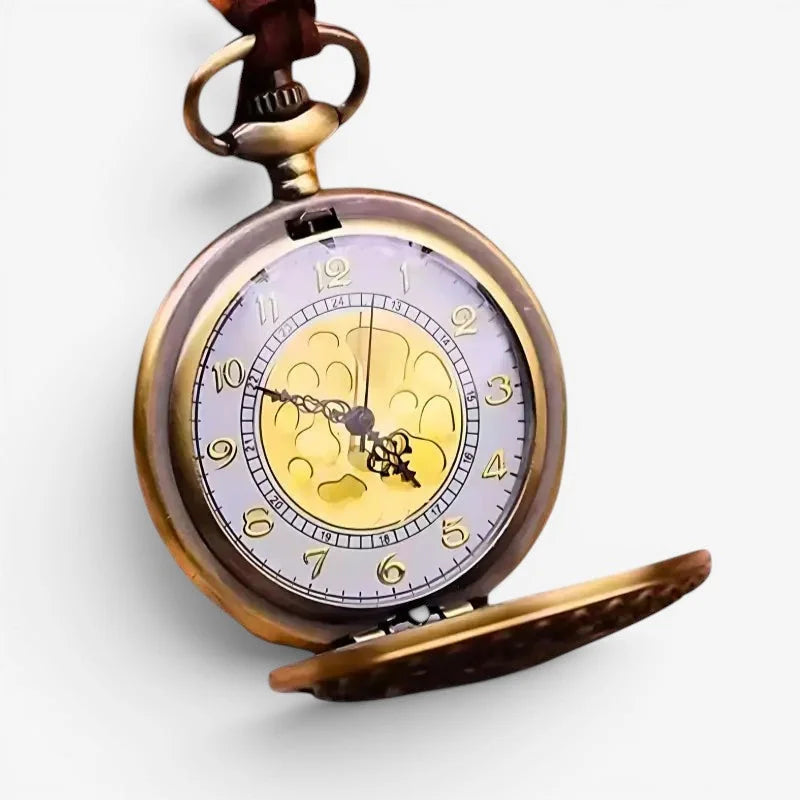 Womens steampunk pocket watch with antique brass case silver-toned face gold numerals and ornate engraved design visible through glass
