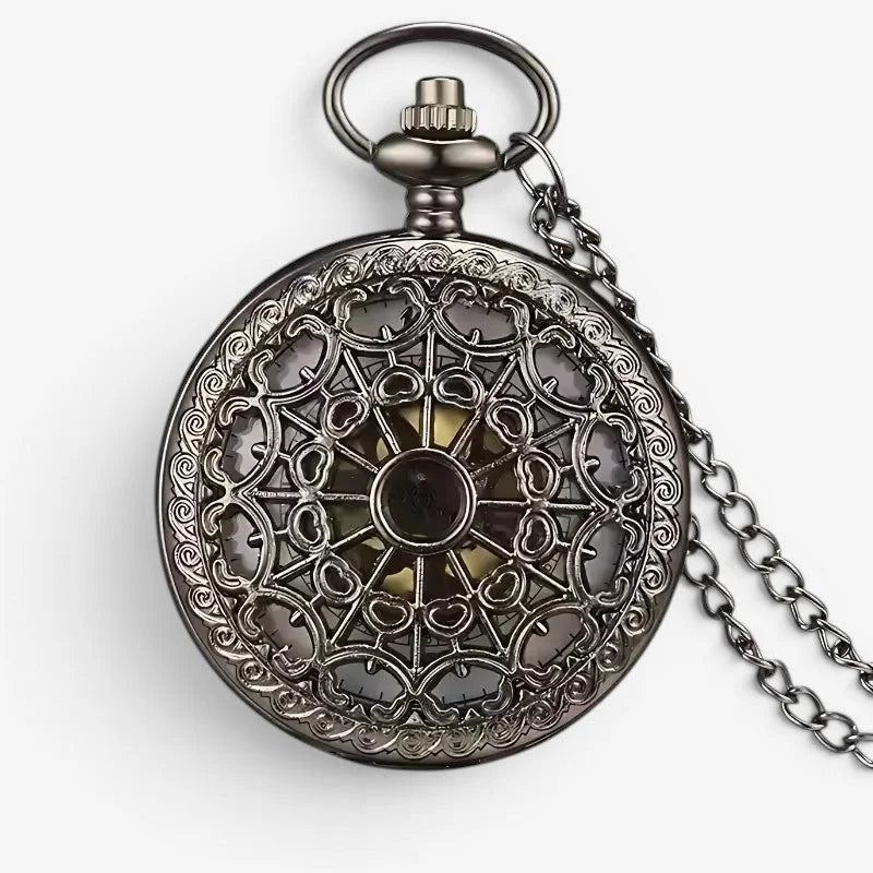 Womens steampunk pocket watch silver-toned antique style with intricate filigree design and matching chain